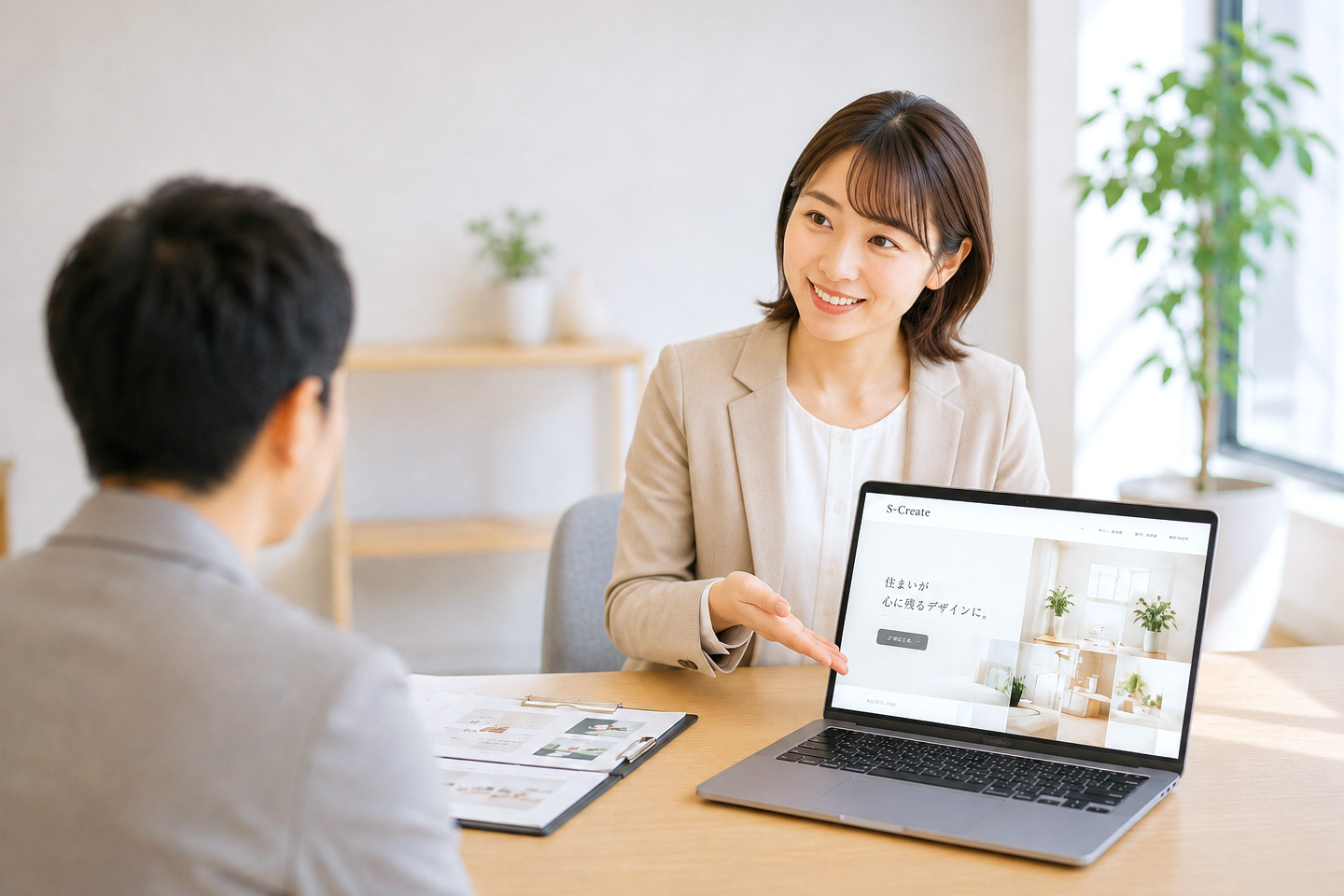 クライアントと打ち合わせを行うビジネスシーン|商品ページやバナー制作の相談イメージ